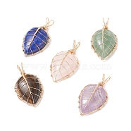 Natural Mixed Stone Pendants, with Golden Tone Copper Wire Wrapped, Teardrop Charm, 38~40x20~21x8.5~9mm, Hole: 5.5~6x3.5~4mm(PALLOY-JF01789)