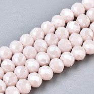 Electroplate Glass Beads Strands, Pearl Luster Plated, Faceted, Rondelle, Misty Rose, 6x5mm, Hole: 1mm, about 87~90pcs/strand, 17~17.5 inch(42.5~43.75cm)(X-EGLA-A034-P6mm-A08)