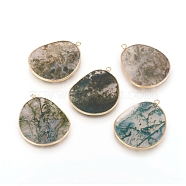 Natural Moss Agate Pendants, with Brass Findings, Golden, 33.5~34x27x2mm, Hole: 1.5mm(G-E526-09I)