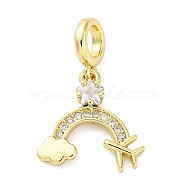 Brass Micro Pave Cubic Zirconia European Dangle Charms, Large Hole Pendants, Rainbow with Airplane & Cloud, Real 16K Gold Plated, 24mm, Hole: 4mm(KK-D325-09G)