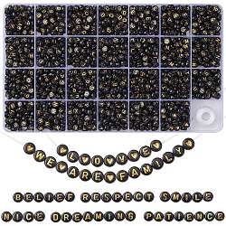 DIY Letter Stretch Bracelet Making Kit, Including Flat Round Acrylic Beads, Elastic Thread, Black, Beads: 7x4mm, Hole: 1.5mm, 1485~1620pcs/box(DIY-YW0007-60C)