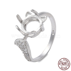 Rhodium Plated 925 Sterling Silver Micro Pave Cubic Zirconia Cuff Ring Findings, Cat Shape Prong Ring Settings, with 925 Stamp, Real Platinum Plated, Tray: 8x8.5mm, Inner Diameter: 16.6mm(STER-NH0001-41P)