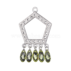 Antique Silver Plated Alloy Big Pendants, with Resin Beads, Pentagon, Olive, 53x32x6mm, Hole: 2.5mm(PALLOY-L225-U01-AS)