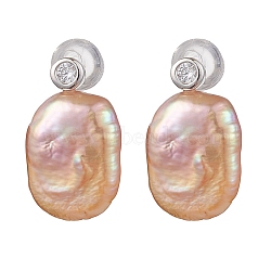 Natural Pearl Ear Studs, with Sterling Silver Micro Pave Clear Cubic Zirconia Findings, Oval, PeachPuff, Platinum, 17x10mm(EJEW-P286-27P)