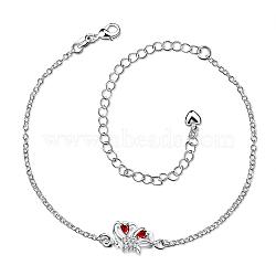 Brass Cubic Zirconia Butterfly Anklets, with Lobster Claw Clasps and Extender Chains, Red, Silver, 203mm(AJEW-BB01361-B)