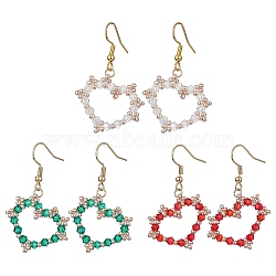 Glass Beaded Heart Dangle Earrings with 304 Stainless Steel Pins, Mixed Color, 42~44x26~28mm(EJEW-JE05328)