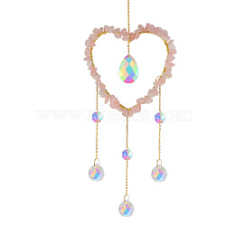 Iron Big Pendant Decorations, Natural Rose Quartz Heart Hanging Sun Catchers, with Brass Findings and Glass, for Garden, Wedding, Lighting Ornament, 465x100mm(DJEW-PW0007-09A)