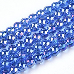 Electroplate Transparent Glass Beads Strands, AB Color Plated, Round, Royal Blue, 4~4.5mm, Hole: 0.8mm, about 97~99pcs/strand, 14.76 inch~14.96 inch(37.5~38cm)(GLAA-T032-T4mm-AB04)