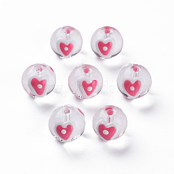 Transparent Glass Enamel Beads, Hand Drawn Beads, Round with Heart, Hot Pink, 13.5~14x12~12.5x11.5mm, Hole: 1.6~2mm(GLAA-N049-009)