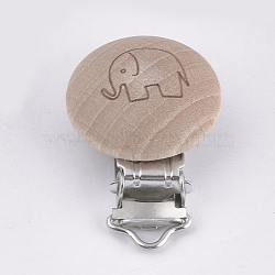 Beech Wood Baby Pacifier Holder Clips, with Iron Clips, Flat Round with Elephant, Platinum, BurlyWood, 45x30x18mm, Hole: 3.5x6mm(WOOD-T015-31)