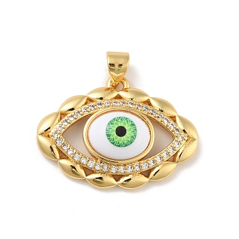 Brass Micro Pave Cubic Zirconia Pendants, with Acrylic, Cadmium Free & Lead Free, Long-Lasting Plated, Evil Eye, Real 18K Gold Plated, Green, 19.5x26x7mm, Hole: 4x3.5mm