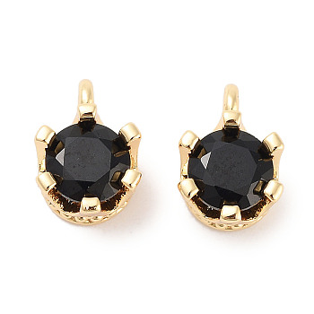 Brass Micro Pave Cubic Zirconia Charms, Flat Round, Real 18K Gold Plated, Black, 8x6x4.8mm, Hole: 1.6mm