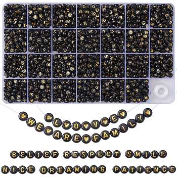 DIY Letter Stretch Bracelet Making Kit, Including Flat Round Acrylic Beads, Elastic Thread, Black, Beads: 7x4mm, Hole: 1.5mm, 1485~1620pcs/box