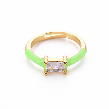 Brass Enamel Cuff Rings, Open Rings, with Clear Cubic Zirconia, Nickel Free, Rectangle, Golden, Light Green, US Size 7 1/4(17.5mm)