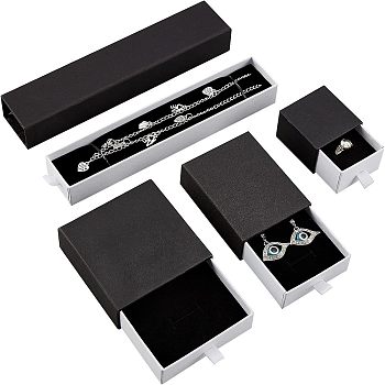 Nbeads 4Pcs 4 Style Cardboard Jewelry Boxes, with White Drawers, for Anniversaries, Weddings, Birthdays, Black, 5.2~22x4.55~9.05x3.05~3.55cm, Innert Diameter: 4.6~21.35x3.9~8.45cm, 1pc/style