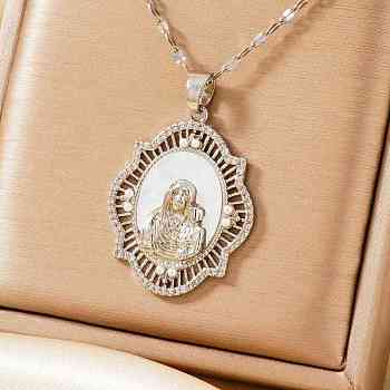 Vintage Brass Micro Pave Clear Cubic Zirconia Religious Rhombus with Virgin Mary Pendant Necklaces, with White Enamel, Platinum, 15.75 inch(40cm)
