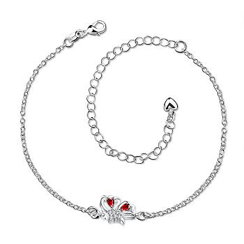Brass Cubic Zirconia Butterfly Anklets, with Lobster Claw Clasps and Extender Chains, Red, Silver, 203mm