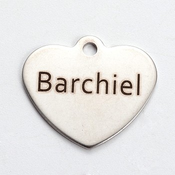Stainless Steel Heart Pendants, with Word Barchiel, Stainless Steel Color, 21x24x1mm, Hole: 2mm