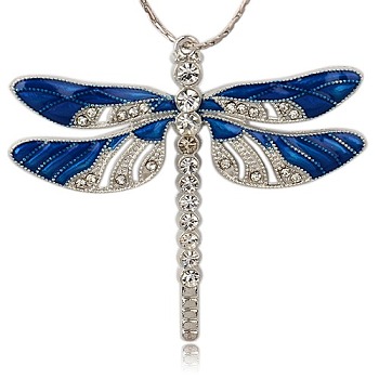 Platinum Alloy Enamel Dragonfly Big Pendants, with Rhinestone, Royal Blue, 57x64x5mm, Hole: 2mm