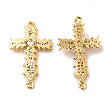 Brass Pave Clear Cubic Zirconia Connetor Charms, Religion Cross Links, Golden, 30x17x4mm, Hole: 1.5mm