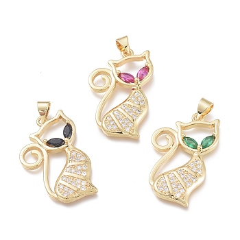 Brass Micro Pave Clear Cubic Zirconia Pendants, Cat, Real 18K Gold Plated, Mixed Color, 28.5x17.5x3.5mm, Hole: 3X4.5mm