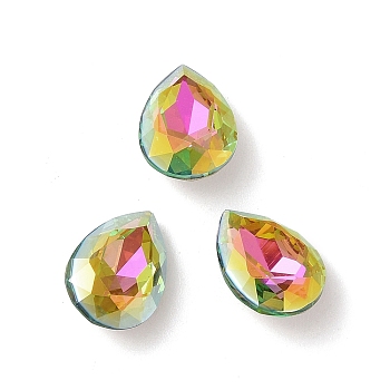 Glass Rhinestone Cabochons, Flat Back & Back Plated, Faceted, Teardrop, Vitrail Rose, 14x10x5.5mm