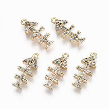Brass Micro Pave Clear Cubic Zirconia Pendants, Nickel Free, Fishbone, Real 18K Gold Plated, 15.5x6.5x2mm, Hole: 1mm