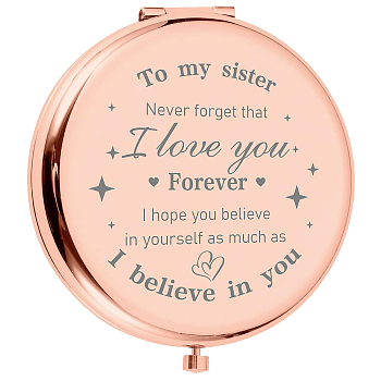 1Pc Stainless Steel Customization Mirror, Flat Round, with 1Pc Rectangle Velvet Pouch, Star Pattern, Rose Gold, Mirror: 7x6.5cm