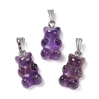 Natural Amethyst Pendants, with Stainless Steel Color Tone 201 Stainless Steel Findings, Bear, 27.5mm, Hole: 2.5x7.5mm, Bear: 21x11x6.5mm