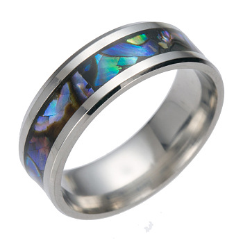 201 Stainless Steel Wide Band Finger Rings, with Shell, Size 7, Stainless Steel Color, 17.4mm