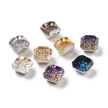Embossed Glass Rhinestone Cabochons, Flat Back, Back Plated, Faceted, Square, Mixed Color, 10x10x6.7mm