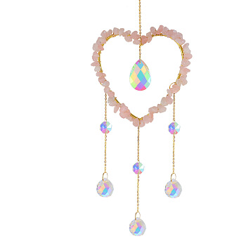 Iron Big Pendant Decorations, Natural Rose Quartz Heart Hanging Sun Catchers, with Brass Findings and Glass, for Garden, Wedding, Lighting Ornament, 465x100mm