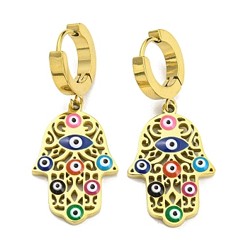 Ion Plating(IP) 304 Stainless Steel Dangle Hoop Earring with Enamel, Hamsa Hand with Evil Eye, Golden, 40.5x17mm