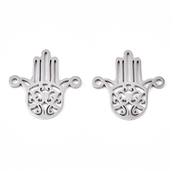 201 Stainless Steel Links Connectors, Laser Cut, for Religion, Hamsa Hand/Hand of Fatima/Hand of Miriam, Stainless Steel Color, 18.5x18x1mm, Hole: 1.4mm