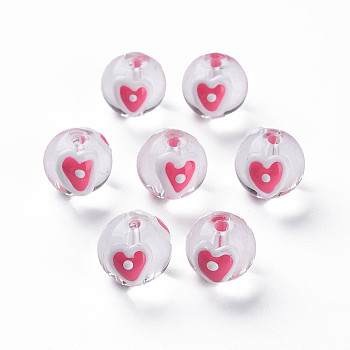 Transparent Glass Enamel Beads, Round with Heart, Hot Pink, 13.5~14x12~12.5x11.5mm, Hole: 1.6~2mm