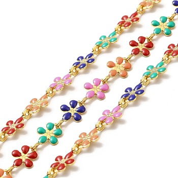 Ion Plating(IP) Handmade 316 Surgical Stainless Steel Enamel Link Chains, Soldered, Real 18K Gold Plated, with Spool, Flower, Colorful, 9.5x6x1mm