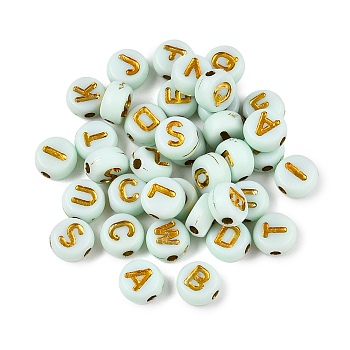 Plating Acrylic Beads, with Metal Enlaced, Flat Round with Letter, Light Cyan, 7x4mm, Hole: 1.6mm, about 3330pcs/500g