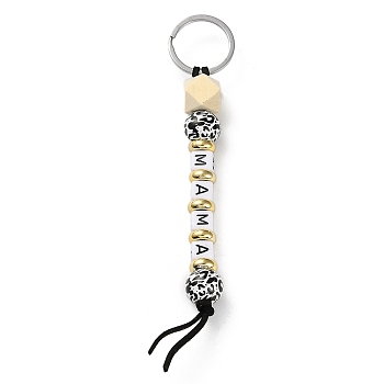Wood and Plastic Beads Keychain Decorationes, with Silicone Beads and Metal Rings, MAMA Word, Black, 145mm