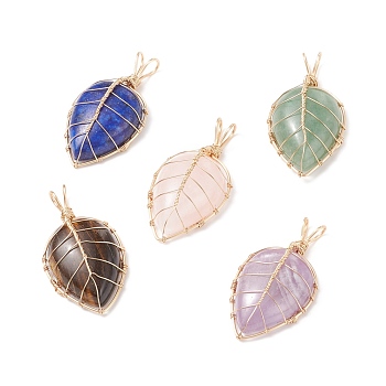 Natural Mixed Stone Pendants, with Golden Tone Copper Wire Wrapped, Teardrop Charm, 38~40x20~21x8.5~9mm, Hole: 5.5~6x3.5~4mm