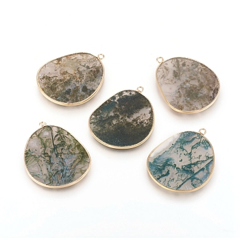 Natural Moss Agate Pendants, with Brass Findings, Golden, 33.5~34x27x2mm, Hole: 1.5mm