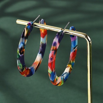 Cellulose Acetate(Resin) Half Hoop Earrings, with 304 Stainless Steel Pin, Round, Colorful, 41x2.5mm, Pin: 0.7mm