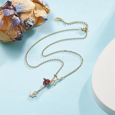 Alloy Enamel Rose with Butterfly Lariat Necklaces with 304 Stainless Steel Chains(NJEW-JN04321)-5