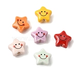 Printed Handmade Porcelain Beads, Star with Smiling Face, Mixed Color, 12.5x13x7mm, Hole: 2mm(PR-CBA64B6-05)