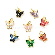 Rack Plating Brass Inlaid Cubic Zirconia Charms, with Jump Rings, Cadmium Free & Lead Free, Golden, Butterfly, Mixed Color, 10x10x3.5mm, Hole: 3.4mm(KK-G394-03G)