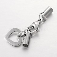 304 Stainless Steel Lobster Claw Clasps, with Cord Ends and Heart Charms, Stainless Steel Color, 35mm, Hole: 3mm(FIND-JF00069-01)