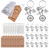 Compass Airplane Earth Suitcase Tibetan Style Alloy Pendant Keychain, Travel Themed Keychain, with Thank You Tags and Organza Bags, Antique Silver, 8cm, 18pcs/set(KEYC-PH01482)
