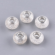Crackle Resin European Beads, Large Hole Beads, with Silver Color Plated Brass Cores, Rondelle, Clear, 13.5~14x8.5~9mm, Hole: 5mm(RPDL-S012-B16)