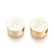 304 Stainless Steel Beads, Flat Round with Letter, Letter.F, 10x4.5mm, Hole: 2mm(STAS-I126-02G-F)