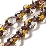 Handmade Gold Sand and Silver Sand Lampwork Flat Round Beads, Rosy Brown, 14~14.5x8.5~9mm, Hole: 1.6~1.8mm(FOIL-C001-02C)