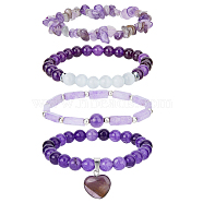 4Pcs 4 Style Natural Amethyst Beaded Stretch Bracelets Set, Stackable Bracelets with Heart Charms, Inner Diameter: 2-1/8~2-1/4 inch(5.3~5.7cm), 1Pc/style(BJEW-FI0001-58)